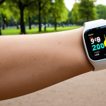 **Interactive smartwatch display:** A sporty individual runs in a park. The smartwatch on their wrist shows an interactive, colorful line graph visualizing real-time heart rate, pace, and calories burned. Focus on the dynamic data visualization and user-friendly interface.