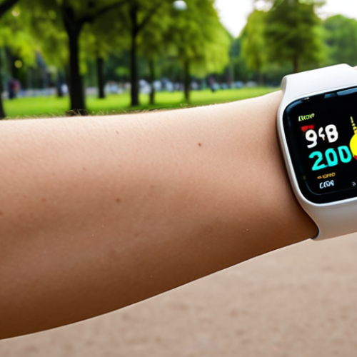 **Interactive smartwatch display:** A sporty individual runs in a park. The smartwatch on their wrist shows an interactive, colorful line graph visualizing real-time heart rate, pace, and calories burned. Focus on the dynamic data visualization and user-friendly interface.