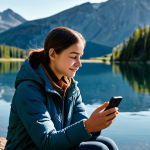 A young adult, fully clothed in modest outdoor attire, sits peacefully by a serene mountain lake, interacting with a smartphone. The phone's screen subtly displays a futuristic, efficient interface, indicating seamless on-device AI functionality without a network connection. The scene emphasizes personal freedom and reliable technology in a remote natural setting. Perfect anatomy, correct proportions, natural pose, well-formed hands, proper finger count. Professional photography, high quality, safe for work, appropriate content, fully clothed, family-friendly.