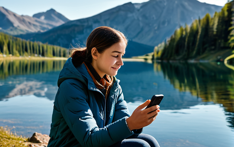 A young adult, fully clothed in modest outdoor attire, sits peacefully by a serene mountain lake, interacting with a smartphone. The phone's screen subtly displays a futuristic, efficient interface, indicating seamless on-device AI functionality without a network connection. The scene emphasizes personal freedom and reliable technology in a remote natural setting. Perfect anatomy, correct proportions, natural pose, well-formed hands, proper finger count. Professional photography, high quality, safe for work, appropriate content, fully clothed, family-friendly.