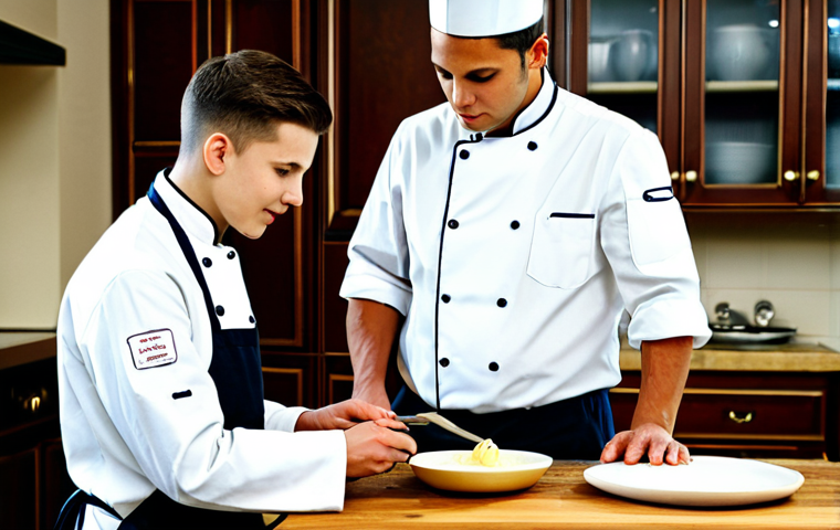 The Expert Chef**
"A seasoned chef, fully clothed in a professional kitchen setting, demonstrating a recipe to a younger apprentice chef. The recipe card shows simplified, rounded measurements compared to the chef's original complex formula. The atmosphere is bright and instructional, emphasizing knowledge transfer. Safe for work, appropriate content, fully clothed, professional, perfect anatomy, natural proportions, high quality, clear focus, kitchen environment."
**