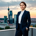 **

"A professional businesswoman in a stylish, fully clothed business suit, standing confidently in front of the Warsaw skyline at sunset, appropriate attire, safe for work, perfect anatomy, correct proportions, natural pose, professional photography, high quality, family-friendly, modest clothing."

**