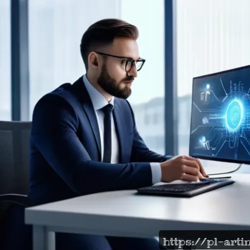Home 17 온디바이스 AI와 클라우드 AI의 차이점 - A modern office scene showcasing a business professional interacting with a sleek, portable AI devic...