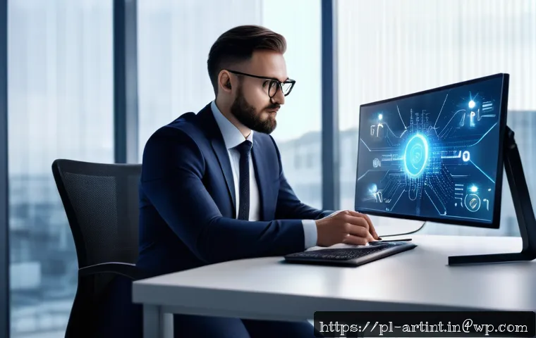 온디바이스 AI와 클라우드 AI의 차이점 - A modern office scene showcasing a business professional interacting with a sleek, portable AI devic...